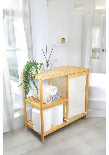 Digithome Bambu 3 Raflı Kumaş Sepetli Banyo Düzenleyici Kirli Çamaşır Sepeti D/8 Jw-22750 Naturel