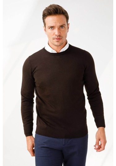 Desen Triko Erkek Basic Sıfır Yaka İnce Triko Kazak 02421603 Koyu Kahve Koyu Kahve