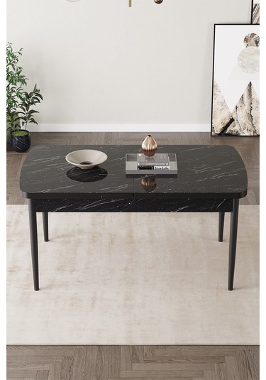 Lamina Siyah Mermer Sunta 80x132 Ahşap Ayaklı Açılır Mutfak Masası, Yemek Masası, Salon Masası Siyah Mermer Desen