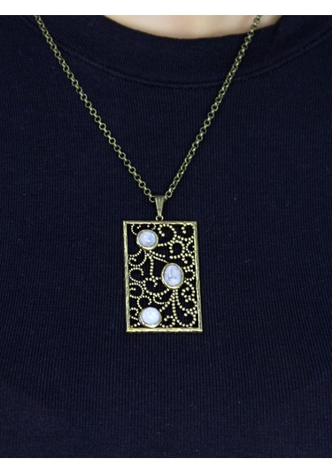 Doğal Taş Aytaşı 3'lü Doğal Taşlı Antik Kadın Kolye Euk45ay Beyaz