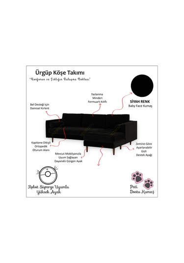 Ürgüp Modern Köşe Koltuk Takımı - Siyah - Sağ Köşe - Baby Face Yumuşak Kumaş Siyah