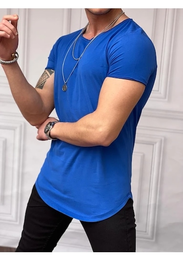 Modefendi Slim Fit Oval Kesim Pamuk Basic Tshırt Saks Mavisi