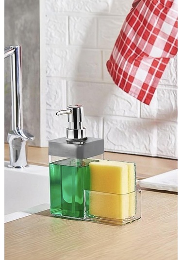 Gri Renkli Sıvı Sabunluk Süngerlik Hazneli 450 Ml Siyah