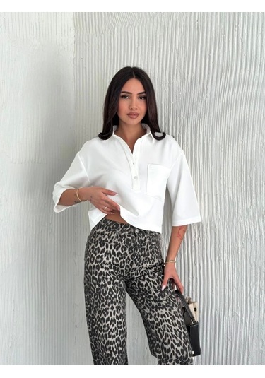 Crop Yakalı Gömlek Üç Çeyrek Sleeve Kol - Beyaz Beyaz
