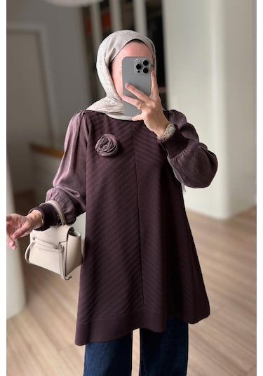 Kahijab Gül Detay Merserize Tunik - Kahverengi