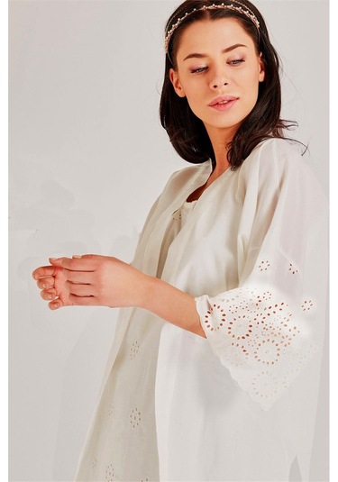 Magic Form 36110 Kadın Ekru Brodeli Lohusa Gecelik Sabahlık Takım