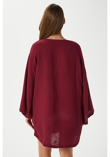 Ritnice Kadın Sandra %100 Pamuk Müslin Bağcıklı Bordo Kimono Bordo