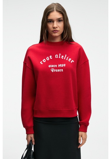 Grımelange Morevessa Kadın Regular Fit Baskı Detaylı Yuvarlak Yakalı Kırmızı Sweatshirt Kırmızı