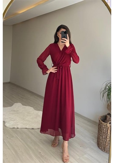 Neşeli Butik Kadın Uzun Kollu Kuşaklı Maxi Şifon Elbise Nm001 Bordo