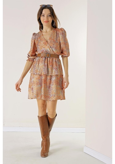 Kruvaze Yaka Astarlı Beli Kemerli Dal Desenli Katlı Saten Elbise-35374-oranj