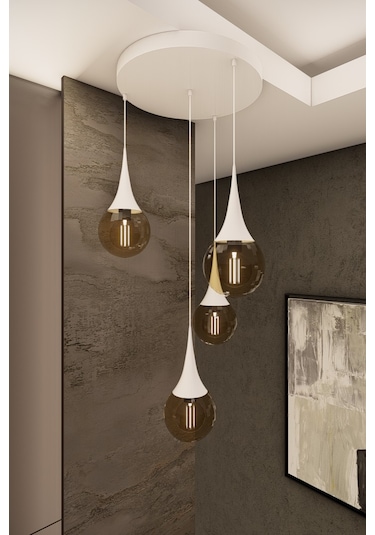 Liora Modern Beyaz Metal Avize - Bal Cam, 4'lü Sarkıt, E27 Duy,