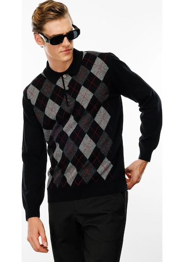 Desen Triko Erkek Polo Yaka Önü Baklava Desenli Yün Kazak 24513 Siyah Siyah