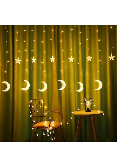 Desenli Ay Yıldız Saçak Perde Led Işık, 8 Animasyonlu, 3 Metre Saçaklı Led Perde Işık