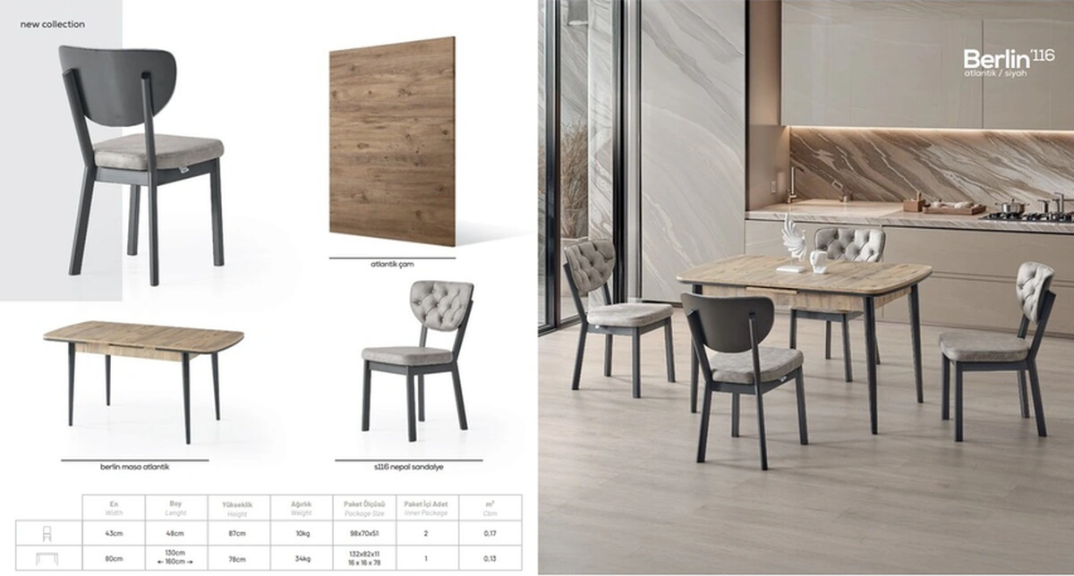 Dengema Berlin 116 Açılır Masa Takımı Ceviz Desen, Siyah Ayak, 80 130 180 Cm, 4 Sandalyeli Ceviz - Siyah Ayak