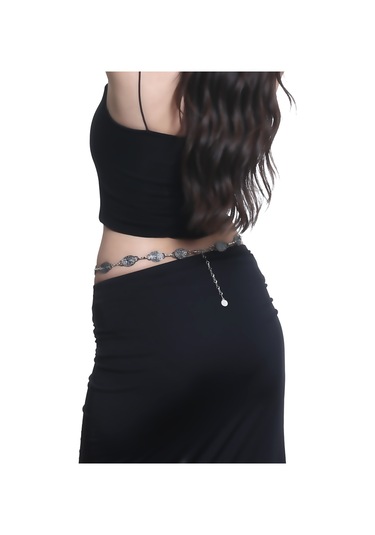 Kadın Antrasit Lak Kaplama Spiral Baskılı Oval Parçalı Ayarlanabilir Bel Zinciri, Bel Kolyesi Antrasit