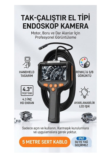 Profesyonel Endoskop Kamera Monitörlü El Tipi / 5 Metre