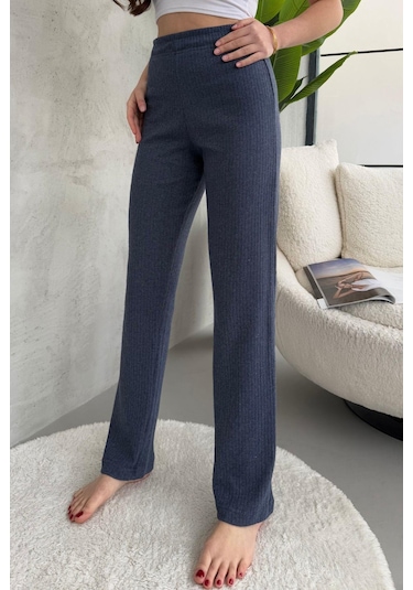 Kadın İndigo Yüksek Bel Fitilli Bol Paça Günlük İnce Eşofman Altı İndigo