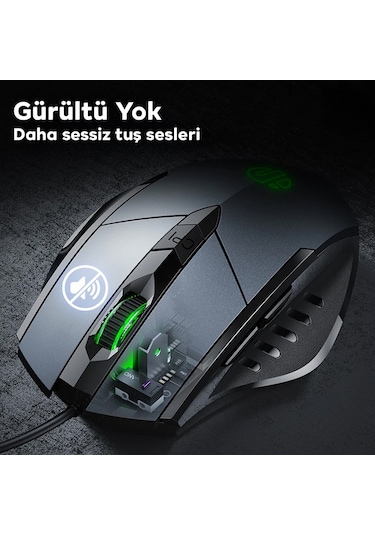 İnphic W1 Sessiz Tıklama Özellikli Ergonomik Kablolu Oyun Mouse Fare 1200/7200dpı W1