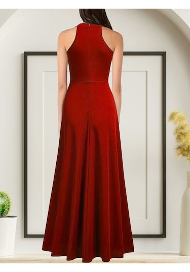 Soonaksesuar Kadınhalter Yaka Derin Yırtmaç Detaylı Tam Boy Ithal Krep Abiye Elbise Kırmızı