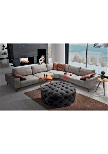 Yuvarlak Chester Model Kapitoneli Oval Orta Puf - Modern Puf Gri