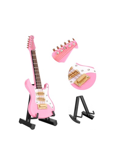 Vkemall 10 Cm Ahşap Pembe Mini Gitar Dekorasyonu - Ornament, Koleksiyon Eşyası Ve Hediye Seti Stand + Kutusu İçerir