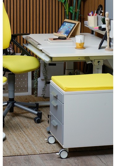 Creo Mobili Çekmeceli Kilitli Tekerlekli Vega Keson, Oturulabilir Ofis Ve Ev Komodini, Ekru/sarı