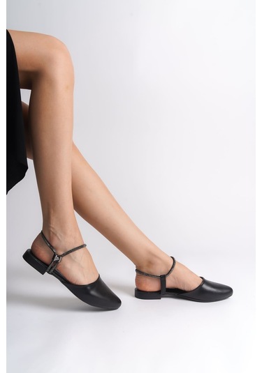 Arıana Lastikli Ortopedik Rahat Taban Bilekten Taş Detaylı Kadın Babet Ayakkabı Cst - Siyah Siyah