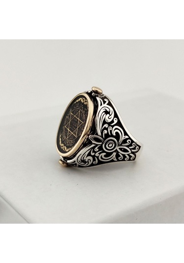 925 Ayar Gümüş Mineli Çift Taraflı Mührü Süleyman Erkek Yüzük Silver