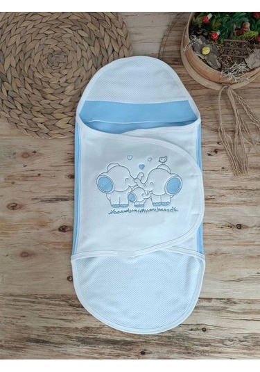 Yenidoğan Mutlu Fil Ailesi Nakışlı Çıt Çıt Kapamalı Bebek Kundak Ekru-mavi Ekru-Mavi