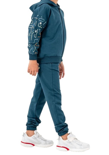 Erkek Çocuk Pixel World Yazılı Fermuar Kapamalı Kapüşonlu Arka Cebi Desenli Eşofman Takımı Yeşil