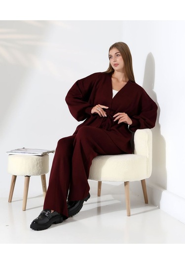 Kuşak Detaylı İkili Triko Takım Bordo