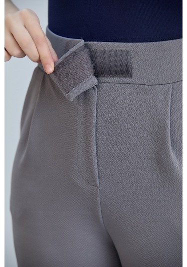 Kadın Gri Cırt Cırtlı Kapama Rahat Palazzo Likralı Esnek Beli Lastikli Pantolon Yüksek Bel Gri