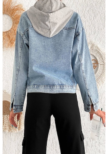 Kadın Çıkarılabilir Kapüşonlu Cepli Denim Ceket Astarsız & Çok Amaçlı Kullanım Mavi