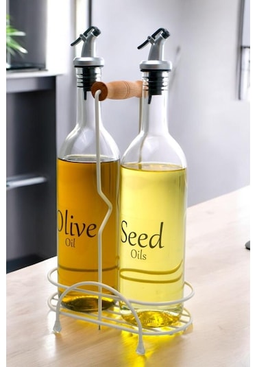 Digithome Luxe 2'li Krem Metal Standlı Ahşap Saplı Yağdanlık Seti Şeffaf Etiketli Cam Yağlık 750 Ml Cys-12 Krem