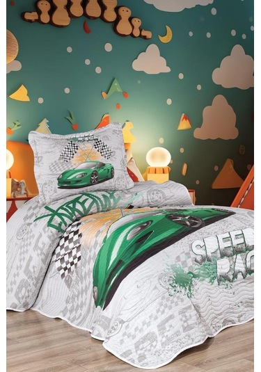 Fast Car Baskılı Kapitoneli Tek Kişilik Yatak Örtüsü Yeşil Çok Renkli