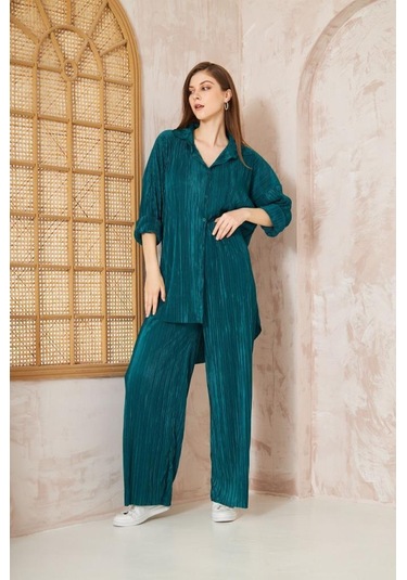 Kadın Pliseli Beli Lastikli Pantolon Tunik Gömlek Ikili Bürümcük Salaş Takım 3573300 Zümrüt