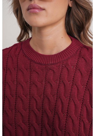 6863 Kadın Saç Örgülü Crop Triko Kazak Bordo Bordo