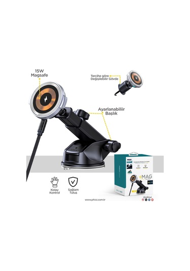 Phixi Force M20 15w Hızlı Şarj Kablosuz Araç Şarj Cihazı Tutucu, Manyetik Katlanabilir Telefon Tutucu