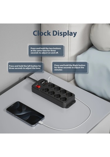 Honeybeeshop 1 Adet Siyah 10 Ft Duvara Monte Dijital Saat 8 Ac Cikisi 5 Usb Portu 15m Uzatma Kablosu Acma Kapama Anahtari Ev Ofis Okul Guç Seridi