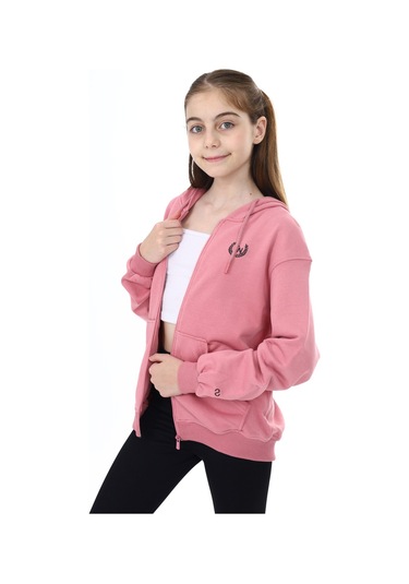 Toontoy Kız Çocuk Kapüşonlu Fermuarlı Cepli Düşük Omuz Nakış Baskılı Örme Hırka - 2 İplik Gül Kurusu