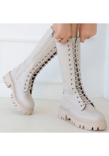 Uliza Bej Cilt Bağcıklı Çizme Bej