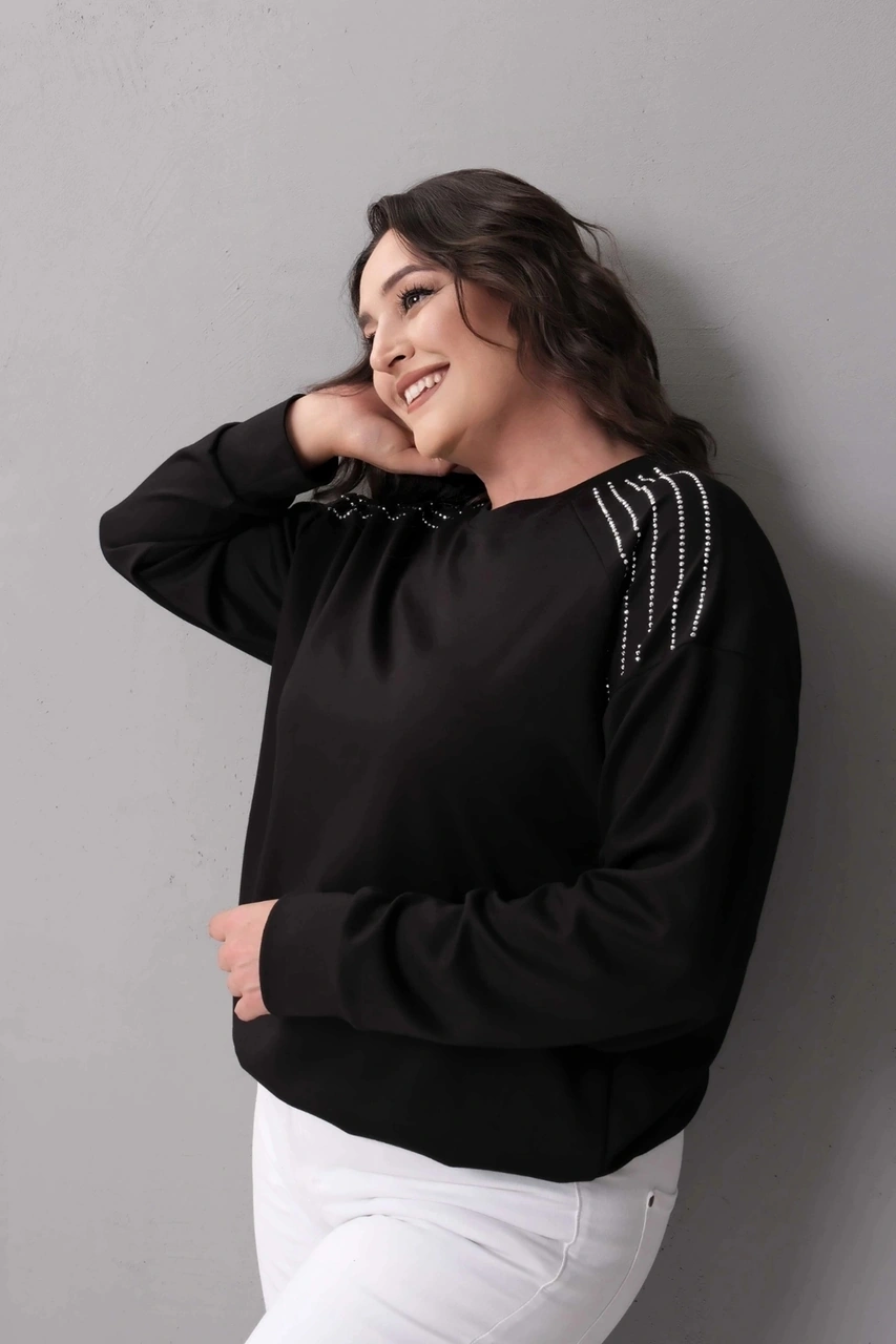 Omuzlar Taş Baskılı Sweatshirt Siyah