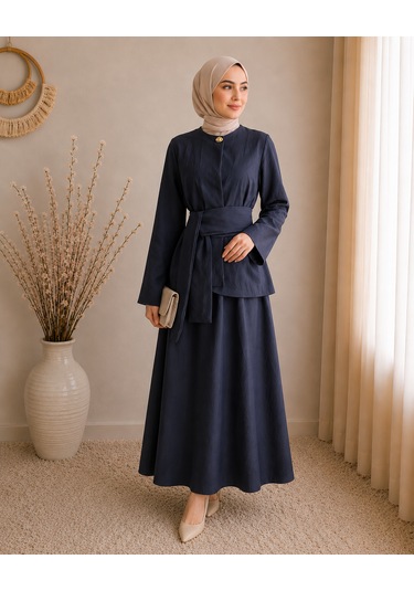 Efulim Womens Sade Broşlu Kuşaklı Alt-üst İkili Tesettür Takım Lacivert