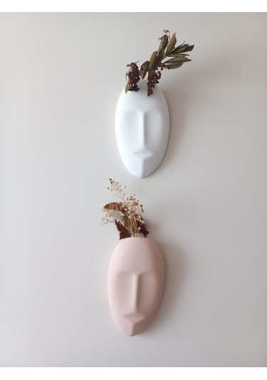 Dekoratif 2'li Yüz Duvar Vazosu, Duvar Süsü ,heykel Aksesuar Beyaz Bej