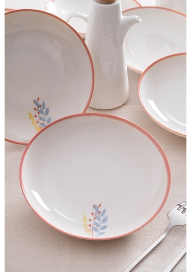 Liora Çiçek Desenli 20 Cm Porselen Yemek Tabağı - 6 Adet Açık