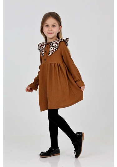 Bürümcük Kumaş Leopar Yaka Detaylı Kız Çocuk Elbise Kahverengi