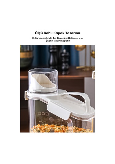 Ezere Nem Geçirmez Pratik Ölçü Kaplı Baharat Ve Tahıl Kavanozu 1600ml Beyaz