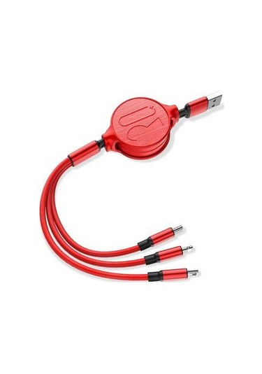 Sandwich Kırmızı 3.6ft Genişletilebilir 3 Cihazlı Şarj Kablosu Lightning Type-c Micro Usb 2a Hızlı Şarj