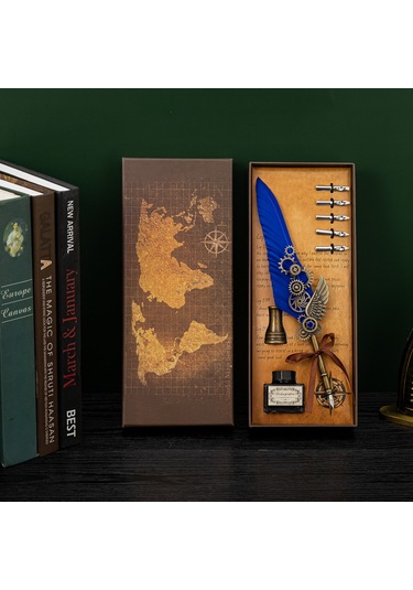 Vintage Gear Wing Kuş Tüy Kalemli Divit Yazı Seti Lacivert