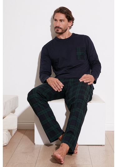 Buratti Ekoseli Cepli Beli Lastikli % 100 Pamuk Regular Fit Erkek Pijama Takımı 6572001 Lacivert